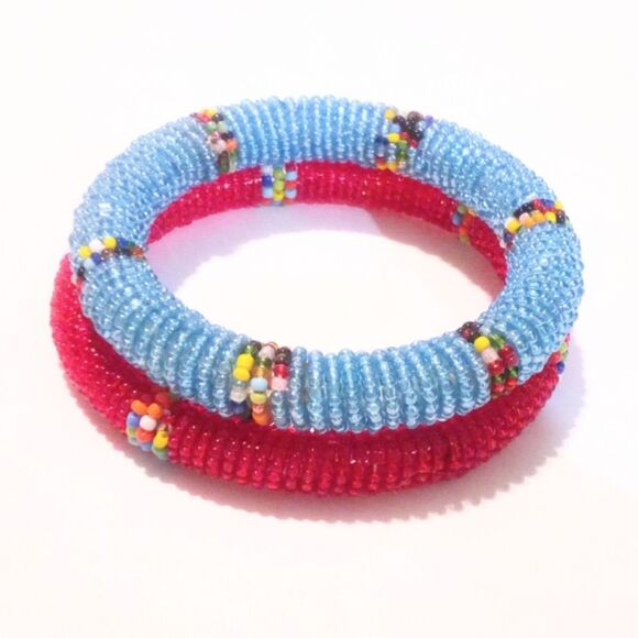 Pair of Wrapped Seed Bead Bangle Bracelets in Red and Blue - Picture 1 of 4